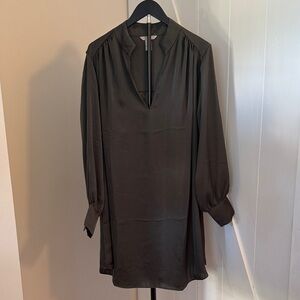 H&M  Dark Green Long-Sleeve V-Neck Satin Tunic Dress